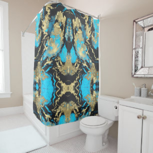 Turquoise and Gold Abstract Art   Sherpa Blanket Shower Curtain