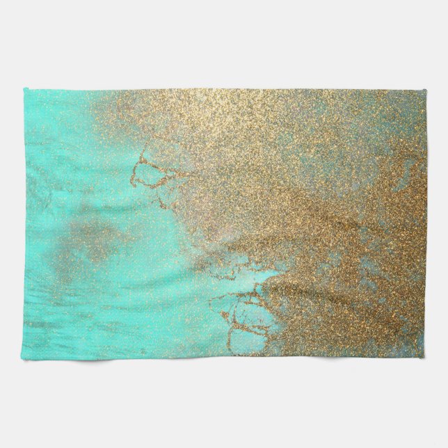 Turquoise and Gold Abstract Beach Wave Glitter Tea Towel (Horizontal)