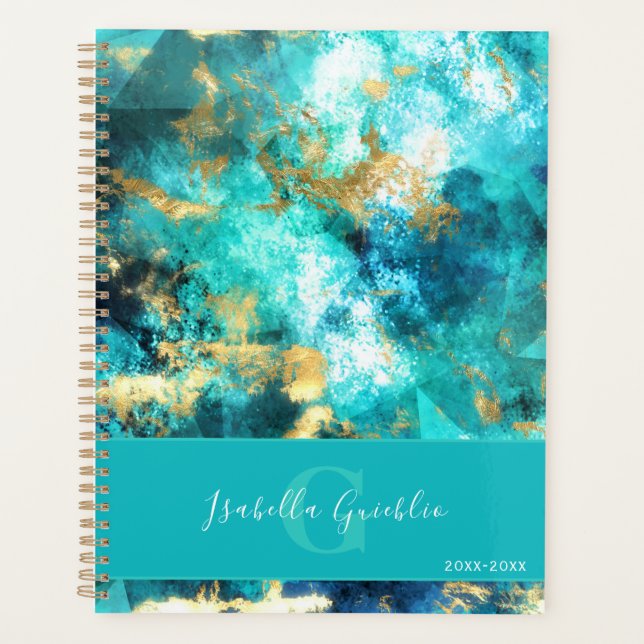 Turquoise and Gold Abstract Marble Design Planner (Front)