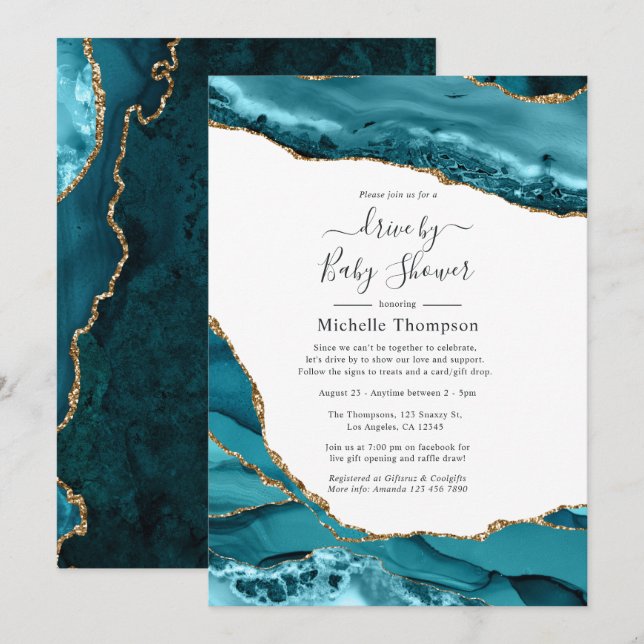 Turquoise and Gold Agate Drive By Shower Invitation (Front/Back)