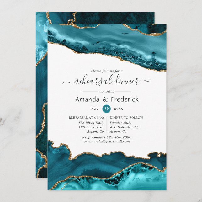 Turquoise and Gold Agate Wedding Rehearsal Dinner Invitation (Front/Back)