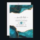 Turquoise and Gold Agate Wedding Save The Date<br><div class="desc">Teal (Turquoise) and faux gold glitter agate stone wedding save the sate card with elegant handwriting typography customisable to your event specifics.</div>