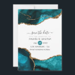 Turquoise and Gold Agate Wedding Save The Date<br><div class="desc">Teal (Turquoise) and faux gold glitter agate stone wedding save the sate card with elegant handwriting typography customisable to your event specifics.</div>