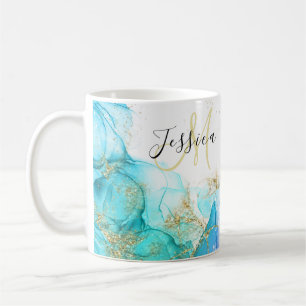 Turquoise and Gold Alcohol Ink & Name Coffee Mug