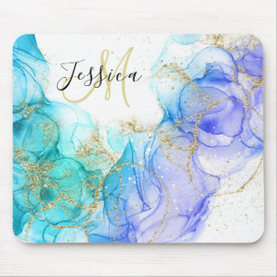 Turquoise and Gold Alcohol Ink & Name Mouse Pad