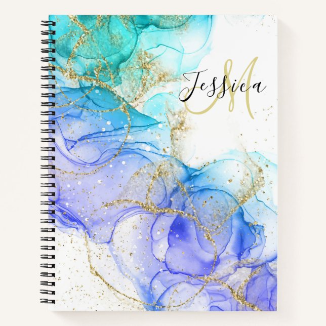 Turquoise and Gold Alcohol Ink & Name Notebook (Front)