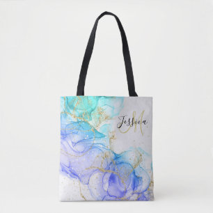 Turquoise and Gold Alcohol Ink & Name Tote Bag