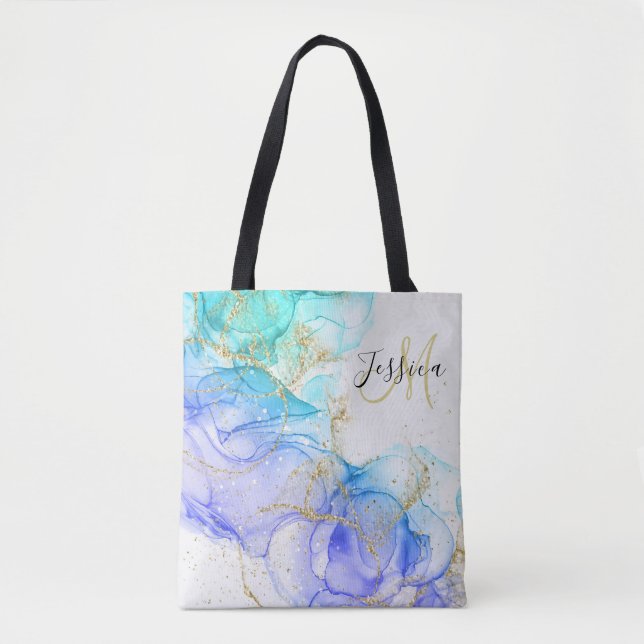 Turquoise and Gold Alcohol Ink & Name  Tote Bag (Front)
