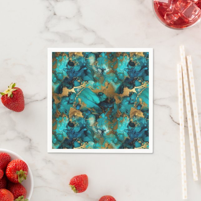 Turquoise and Gold Alcohol Ink Napkin (Insitu)