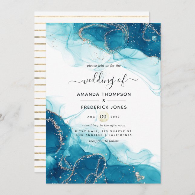 Turquoise and Gold Alcohol Ink Wedding Invitation (Front/Back)