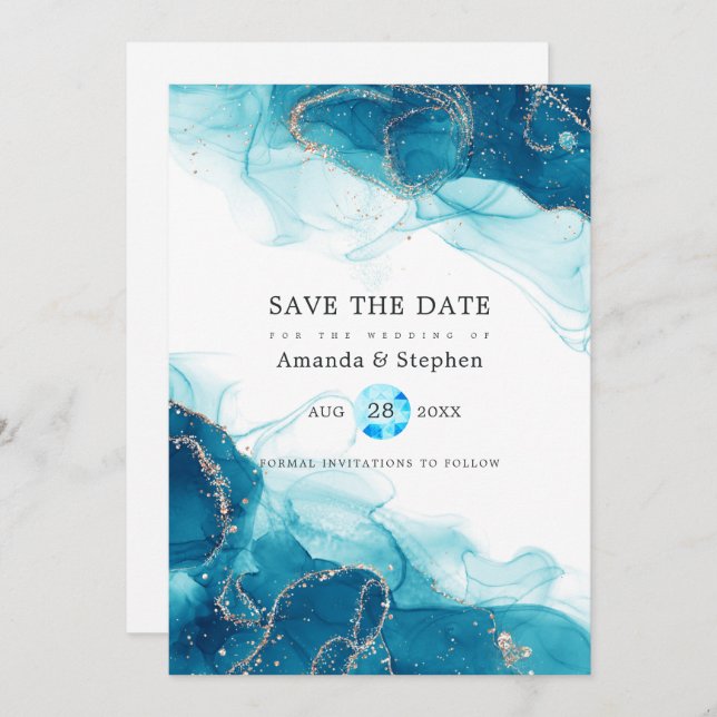 Turquoise and Gold Alcohol Ink Wedding Save The Date (Front/Back)