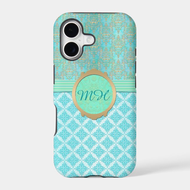 Turquoise and Gold Damask Custom Monogram Pattern (Back)