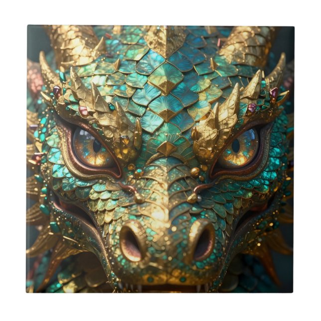 Turquoise and Gold Dragon Face Ceramic Tile (Front)