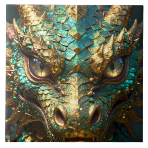 Turquoise and Gold Dragon Face Ceramic Tile