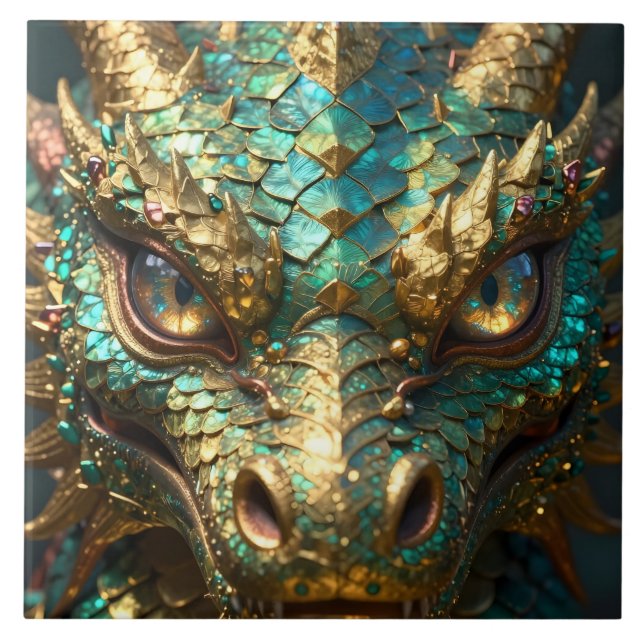 Turquoise and Gold Dragon Face Ceramic Tile (Front)