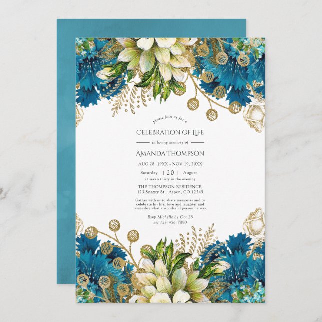 Turquoise and Gold Floral Celebration of Life Invitation (Front/Back)