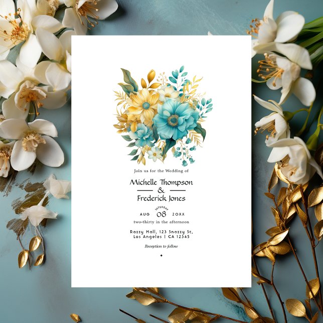 Turquoise and Gold Floral Wedding Invitation (Creator Uploaded)
