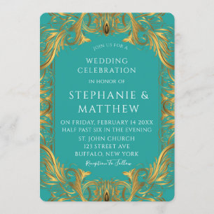 Turquoise and Gold Flourishes Wedding Invitation
