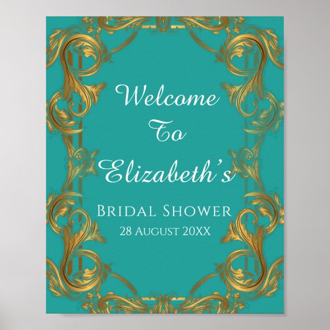Turquoise and Gold Flourishes Wedding Sign (Front)