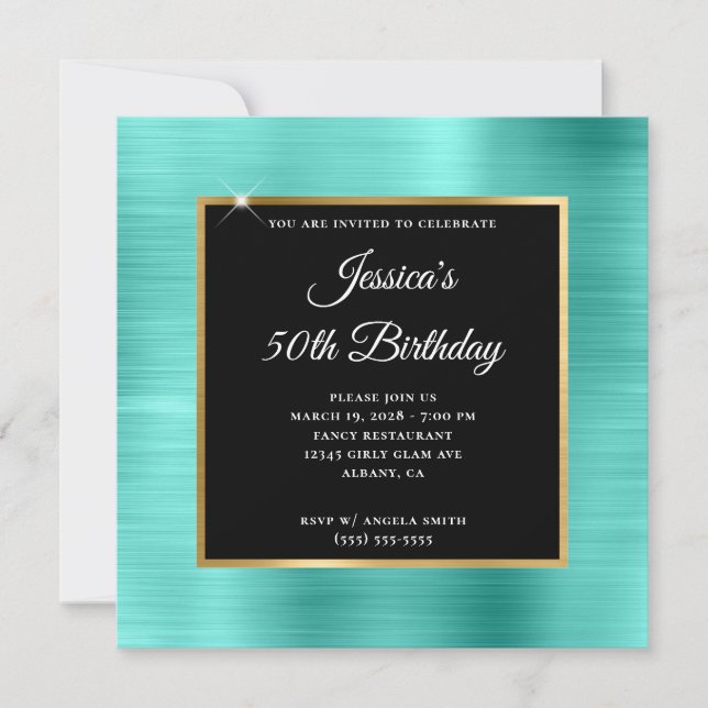 Turquoise and Gold Foil Black 50th Birthday Invitation (Front)