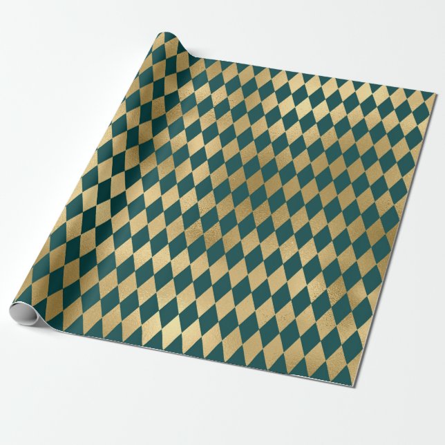 Turquoise and Gold Foil Diamond Pattern Wrapping Paper (Unrolled)