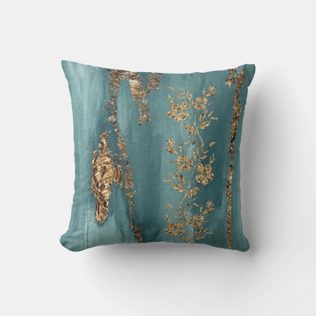 Turquoise and Gold Foil Flowers Cushion (Front)