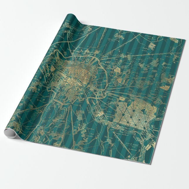 Turquoise and Gold Foil Vintage Map Wrapping Paper (Unrolled)
