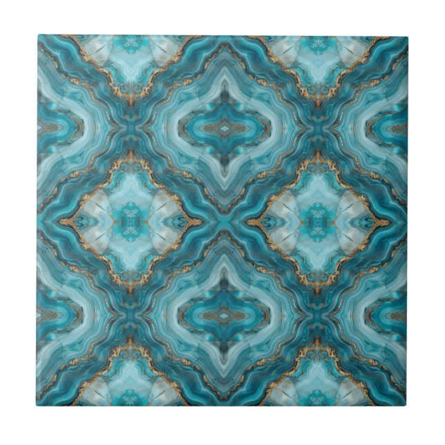 Turquoise and Gold Glitter Agate  Ceramic Tile (Front)