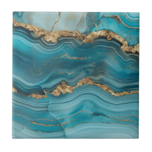 Turquoise and Gold Glitter Agate  Ceramic Tile