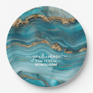 Turquoise and Gold Glitter Agate Paper Plate