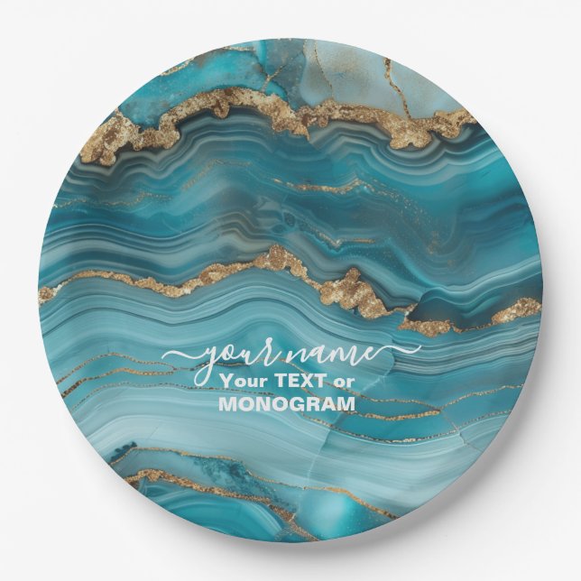 Turquoise and Gold Glitter Agate  Paper Plate (Front)