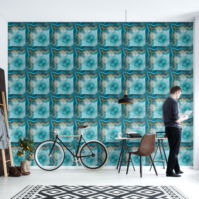 Turquoise and Gold Glitter Agate  Wallpaper (Living Room)