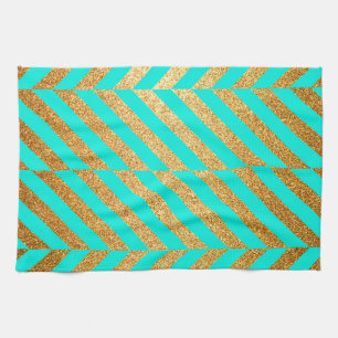 Turquoise and Gold Glitter Chevron Striped Pattern Tea Towel