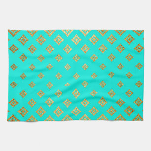 Turquoise and Gold Glitter Diamond Pattern Tea Towel
