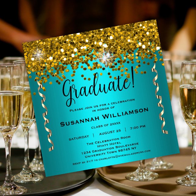 Turquoise and Gold Glitter Graduation Party Invitation (Creator Uploaded)