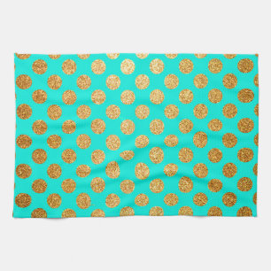 Turquoise and Gold Glitter Polka Dot Pattern Tea Towel
