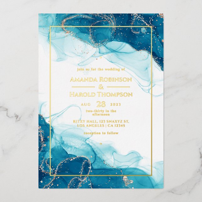 Turquoise and Gold Ink Wedding Foil Invitation (Front)