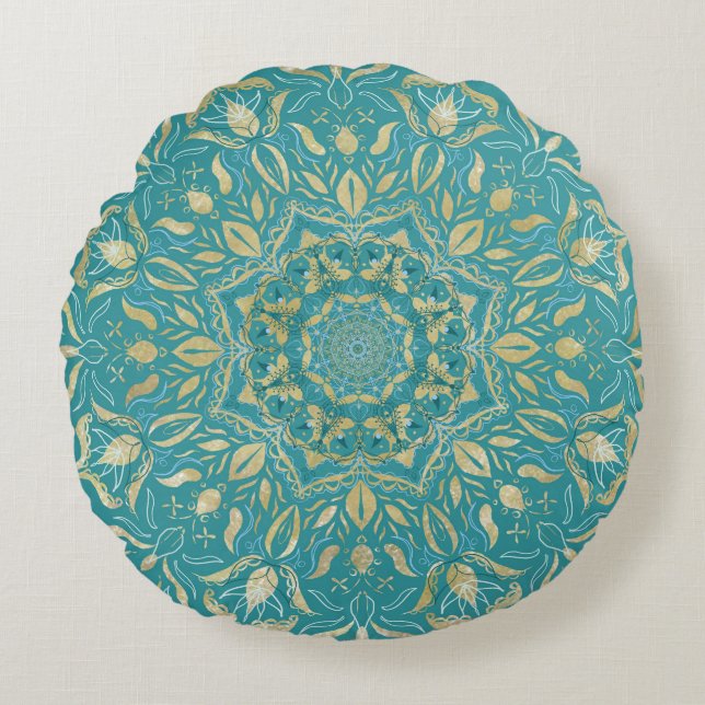 Turquoise and Gold Mandala by Tina Donovan Round Cushion (Front)
