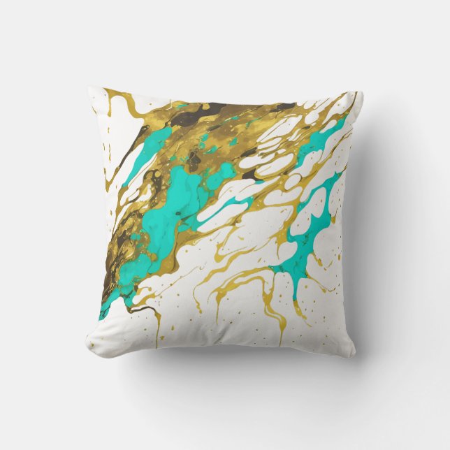 Turquoise and Gold Marbled Alcohol Ink Splash  Cushion (Front)