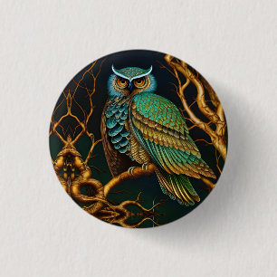 Turquoise and Gold Owl 3 Cm Round Badge