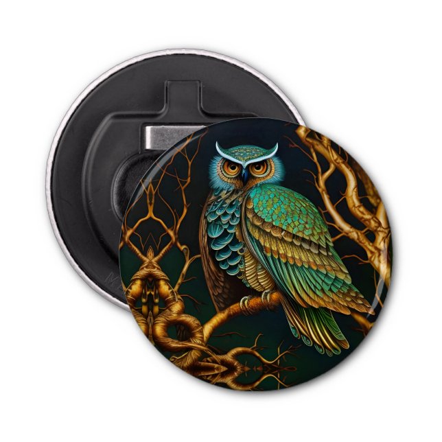 Turquoise and Gold Owl Bottle Opener (Front)