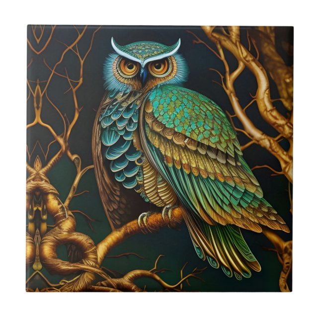 Turquoise and Gold Owl Ceramic Tile (Front)