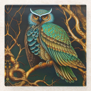 Turquoise and Gold Owl Glass Coaster
