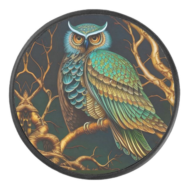 Turquoise and Gold Owl Hockey Puck (Front)