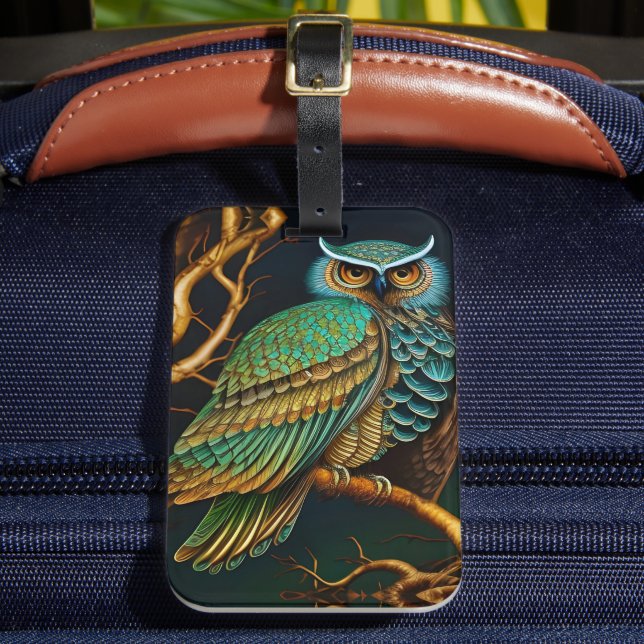 Turquoise and Gold Owl Luggage Tag (Front Insitu 2)
