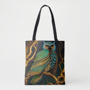 Turquoise and Gold Owl Tote Bag