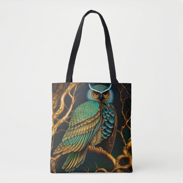 Turquoise and Gold Owl Tote Bag (Front)