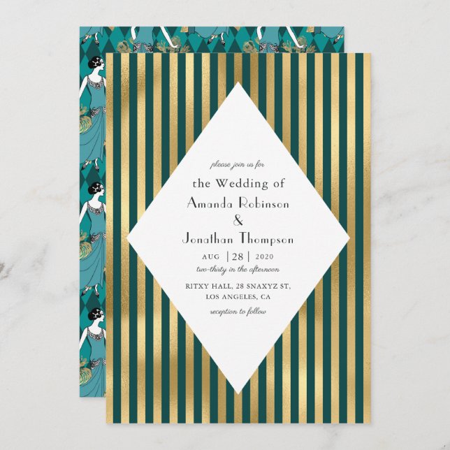 Turquoise and Gold Paris Art Deco Wedding Invitation (Front/Back)
