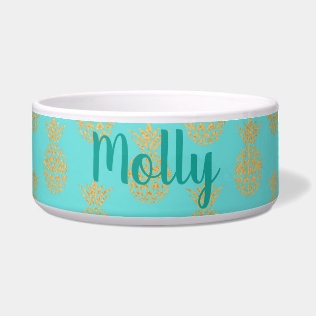 Turquoise and Gold Pineapples Custom Pet Bowl (Front)