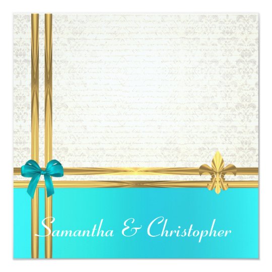 Turquoise and gold ribbon with white damask card